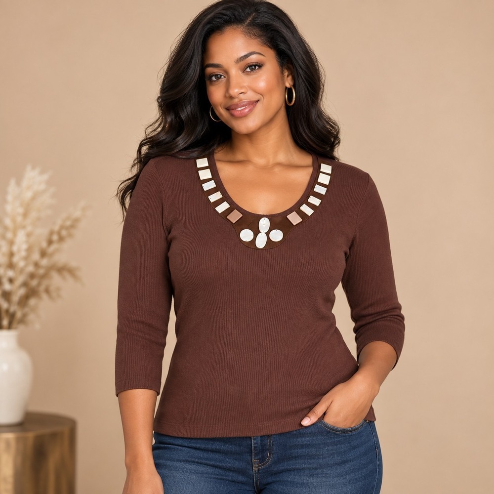 Joseph A. Brown Beaded Knit Top Women's Medium Earthy Minimalist Corpcore Grunge
